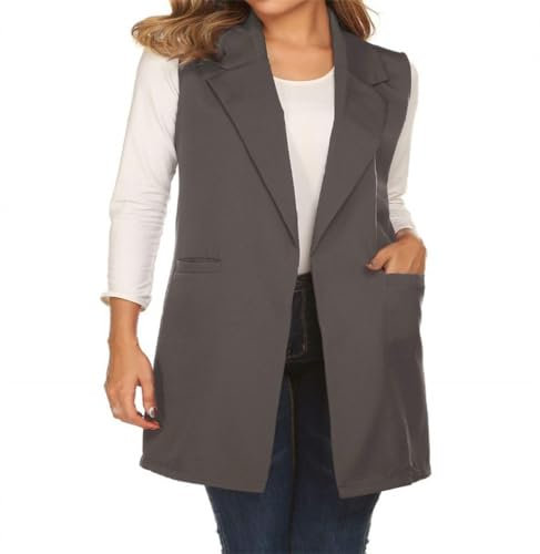 CuLtP Blazer Senza Maniche da Donna, Gilet da Ufficio con Colletto Classico, Gilet Aperto sul Davanti, Giacca Cardigan con Tasche, Giacca con Spolverino, Gilet Lungo,Grigio,S
