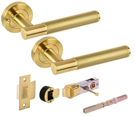 Hunta HANDLEZONE® Evo Knurled Grip Privacy Lever On Round Rose Door Handles, with Bullet Privacy Latch, for Bathroom, Toilet, WC Doors, 1 Set - Brushed Brass