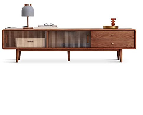 TV-Schrank Moderner TV-Ständer, Entertainment-Center aus Eiche mit 2 Schubladen und 2 Glasschiebetüren, raffinierte Messinggriffe for ein sauberes und natürliches Wohnzimmer Fernsehschrank ( Color : W