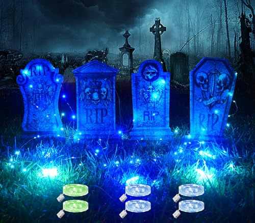 Maxee 4 Stück Halloween Glühendes Grabsteine Deko mit 6 Stück 3 Meter Lichterkette, Wasserdichtes Grabstein Schilde, Außen Dekoration Set für Rasenhof Hinterhof Haunted Friedhof Zombie Grün und Blau