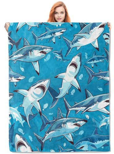Vanzev Decke mit Haifischmuster, Fleece-Überwurf mit Cartoon-Hai-Design, weiche, gemütliche, leichte Decke, für Meereslebewohner, 127 x 152,4 cm, Dekor