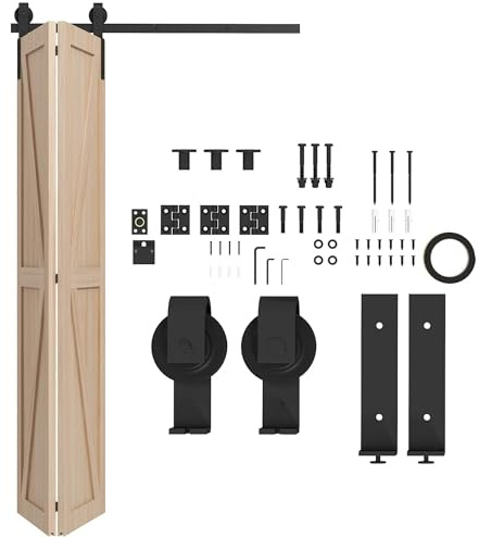 HOMCOM 4FT/122CM Bi-Folding Sliding Barn Door Hardware Track Kit, Heavy Duty Sliding Door Kit for 2 Doors with J Shape Hanger