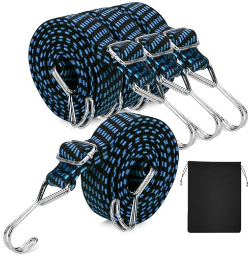 GOLDEROC 4 Stück Verstellbar Spanngummi mit Haken mit Aufbewahrungstasche, Gepäckspanner, Gummiband mit Haken, 1M Lang Flach Spanngurte Expander mit Stahlhaken, Fahrrad Motorrad Auto Gummispanner