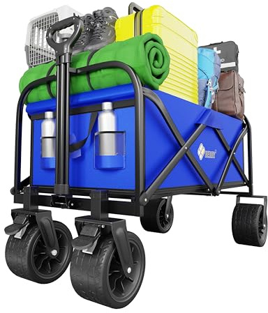 Berry Carro utilitario plegable resistente con capacidad de 150 kg, carrito plegable azul con asa ajustable, ruedas todo terreno y marco resistente para camping, playa, compras