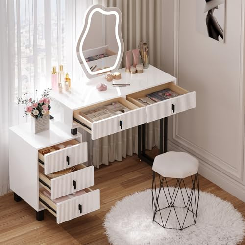 WOLTU Schminktisch mit Beleuchtung, Wolken-Spiegel, Hocker, Moderner Design | Frisiertisch mit Hochglanzplatte 110x40 cm, 5 Massivholz-Schubladen, 1 Kommode, Flexible Montage, Modern, Weiß + Schwarz