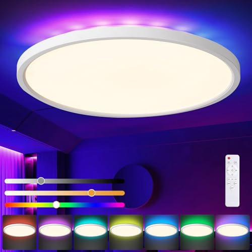 queffigle RGB LED Ceiling Light 29cm 3200LM Dimmable 3000-6500K Flush Mount with Remote Control Ceiling Light Fixture Low Profile Ambient Timer & Memory for Bedroom, Living Room, Bathroom