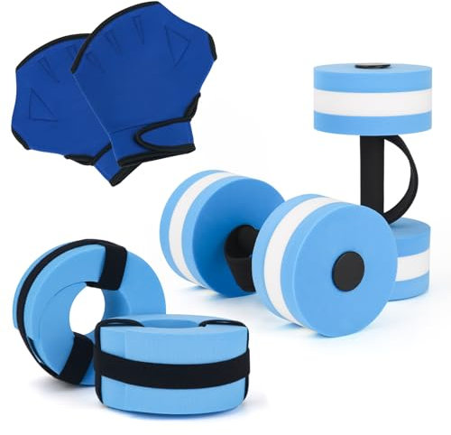 NEAGLORY 6 Pieces Aquatic Exercise Set Water Aerobics Set Pool Fitness Equipment Foam Water Dumbbell, Swimming Gloves for Exercise, Blue