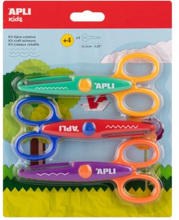 APLI Kids 20001 13,5 cm kreativa saxar för förskolebarn – inkluderar böjd sax, tandad och zigzag – främjar kreativitet hos barn +4 år – 3 saxar blister