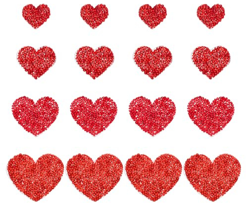 PATIKIL 4 Größen Herz Strass Patches, 16 Stück Herzform Bügelaufnäher Strass Applikation Glitzer Kristall Patches Nähen für Schuhe Kleidung Hosen Taschen, Rot