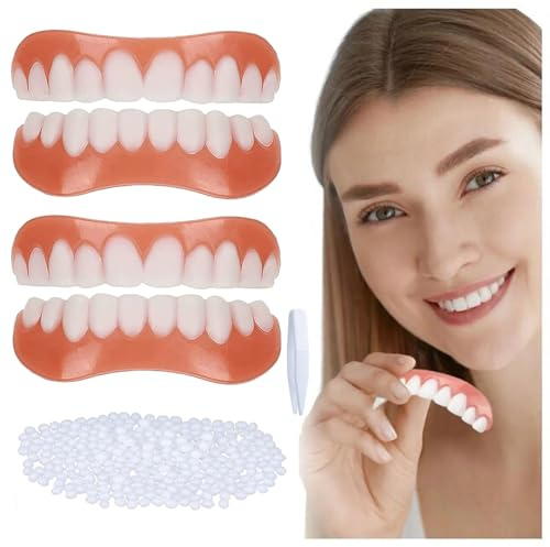 Facette Dentaire Cosmétique 2 Paires, Sûr et Confortable Immédiat Sourire Dents de Placage Haut et Bas avec Perles Adhésives Thermiques Pour Restauration Temporaire de Défauts Dentaires