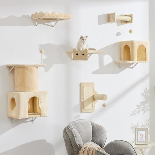 BYBYME Arbre à Chat D'IntéRieur, 6 éTagèRes Murales Hautes avec Griffoirs, Paniers, Planches Et Jouets, Meuble d'escalade Multi-Niveaux pour Chatons, Base Stable pour Grands Chats (Beige)