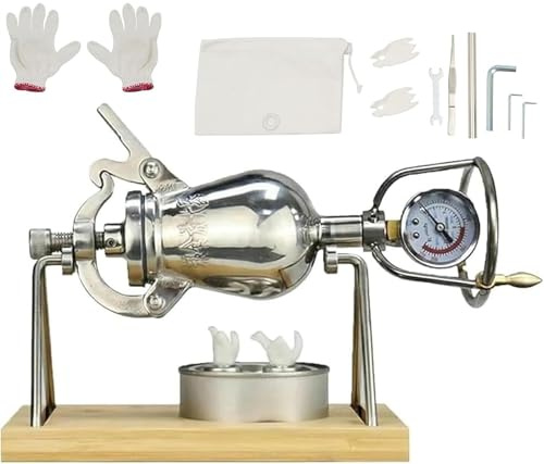 Palomitero Acero Inoxidable con ManóMetro y VáLvula Alivio Presión, Mini MáQuina Palomitas Maiz China Vintage para Fiestas Casa con Base Madera(400ml)