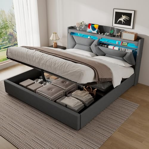 ZUUYEE Polsterbett Doppelbett 160x200 cm mit LED, USB C, Hydraulische Bett mit Stauraum und Kopfteil, Stauraumbett Bettgestell mit Metallrahmen Bettkasten und Lattenrost, Leinen, Grau, Ohne Matratze