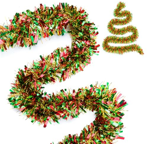 G2PLUS Red Green and Gold Christmas Tinsel Garland: 10m x 9cm Metallic Glittery Fluffy Hanging Decorations for Christmas Trees, Wardrobes, Doors, Ceilings, Railings and Wreath Making