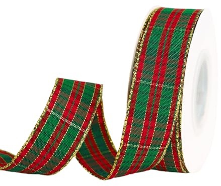 Weihnachtsband Rot Grün Geschenkband Weihnachten Breit 40mm 10Yard Kariertes Schleifenband Weihnachten mit Goldkante Weihnachtsgeschenkband Weihnachtsbänder für Geschenk Weihnachtsbaum Weihnachtsdeko