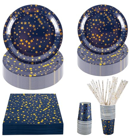 CEILIWEN 125PCS Navy Blue & Gold Stars Party Tableware Set - 9'' & 7'' Foil Paper Plates, Napkins, Cups & Straws - for Christmas, Birthday, Wedding, Graduation, New Year (Navy Blue & Gold Stars)
