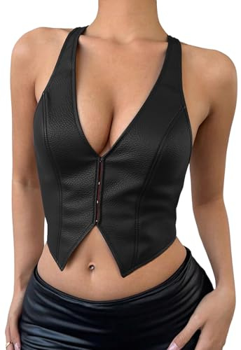 Ausing Top para mujer con cuello halter parte superior de piel para festival rave tirantes tops sexy Crop Tank tops metálico gótico barniz S-L, Negro , M