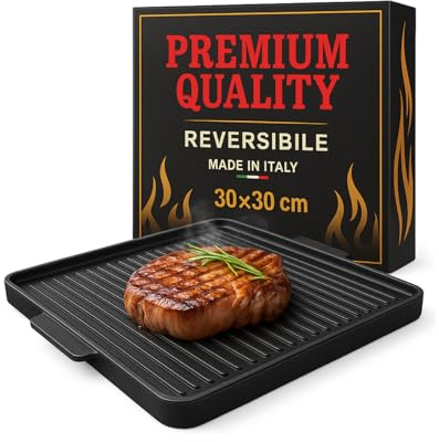 MOHOME Bistecchiera Ghisa Quadrata 30 x 30 cm Piano Cottura Grill Fornello Gas Forno Padella Piastra Liscia Rigata Made in Italy Antiaderente Teflonata Reversibile Manici