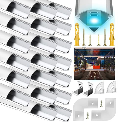 LED Kanal Schwarz V Form, 20X1M Strip Aluminium Profil Kanal für 10mm LED Streifen, Leiste Schiene Kanäle Stripes Diffusor Aluprofil Eckprofil mit Milchig Weißer Abdeckung und 45 Grad Eckverbindern