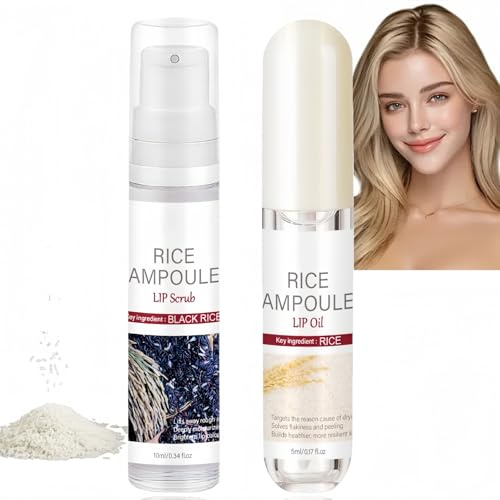 2PCS White Rice Lip Oil + Black Rice Lip Scrub,Rice Exfoliating Ampoule Set,Rice Peel Shot Lip Balm,Lip Gloss & Lip Oil,Gentle Exfoliating Lip Scrub,Lip Plumper,Dead Skin Remover for All Skin Types