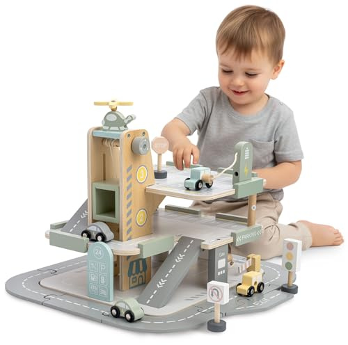 Mamabrum Garage en Bois pour Enfants avec Ascenseur Et Accessoires – Parking À Étages avec Station De Lavage Et Hélicoptère – Jouet Éducatif – Compatible avec Véhicules en Bois