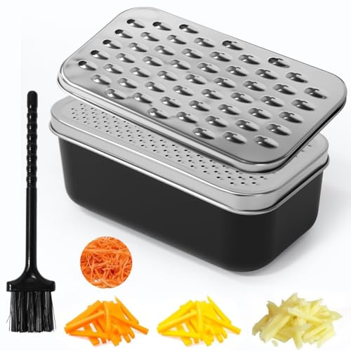 Vunanvu Rallador de Queso con Recipiente, Tapa y Cepillo, Ralladores de Acero Inoxidable Multiusos para Cocina, Rallador de Verduras Manual para Patatas, Jengibres, Pepinos, Zanahorias y Trufa