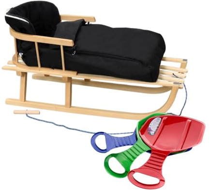BirnePower Holzschlitten 90cm mit Rückenlehne und Winterfußsack 90cm oder 108cm Komplettset inkl. Zugseil & Gurt, Rodelschlitten aus Buchenholz
