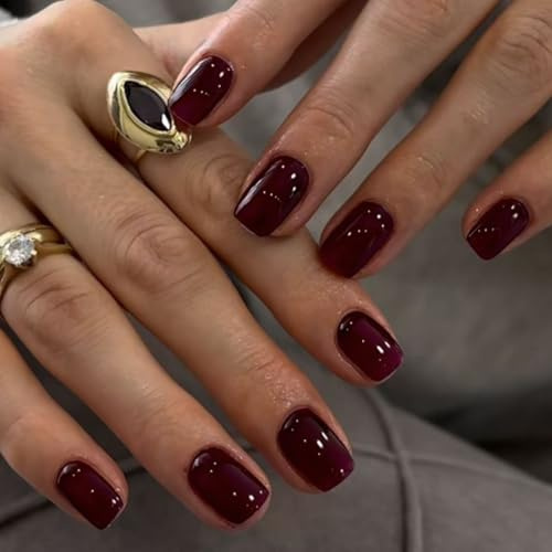 TESGADGETS 24 pièces ongles à coller bordeaux – Extra courts, forme ronde, brillants et réutilisables – Faux ongles acrylique pour femmes, kit de manucure