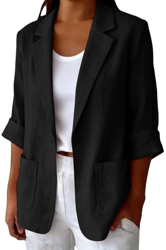 Chemise Et Veste Ete en Lin Manche Longues Chemises Col De Costume Blouse Ample Casual Haut Chic Et Elegant Legere Tenue De Bureau Chemise Femme Longue Grande Taille