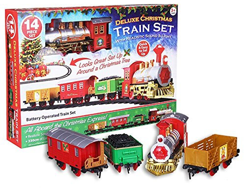 ASAB Deluxe 14pc Christmas Train Set Festive Express Easy Click Track Battery Powered Locomotive With Realistic Sounds And Lights Xmas Tree Decoration
