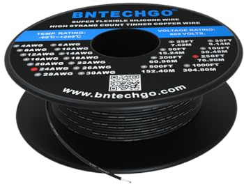 BNTECHGO 24 Gauge Silicone Wire Spool 250 ft Black Flexible 24 AWG Stranded Tinned Copper Wire