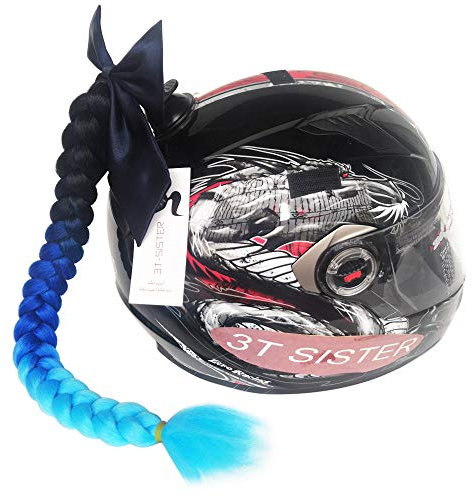 3T-SISTER Bowknot Helm geflochtener Pferdeschwanz Motorrad Fahrrad Helm Haar Flauschige Haarteile für Erwachsene (Blue)