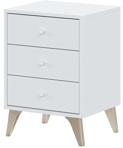 Habitdesign – Mesita de Noche con 3 Cajones y Patas, Color Blanco Artik, 56x40x33,5 cm – Modelo Sweet