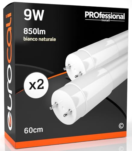 Eurocali 2x Tubi LED 60cm G13 T8 9W 850 lumen - Luce Bianco Naturale 4000K - Fascio Luminoso 160° - Sostituzione Neon