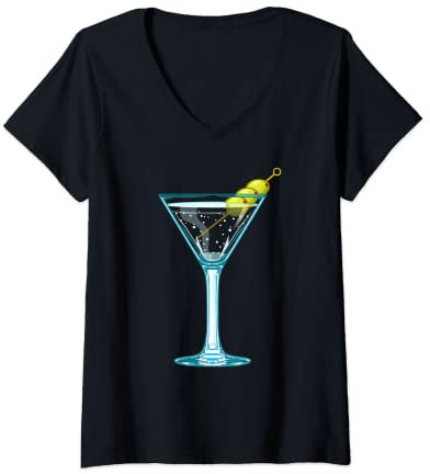 Womens Martini Glass Green Olives Bartender Vodka Drink V-Neck T-Shirt