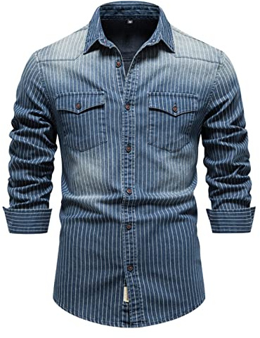 WINDEHAO Camisa de algodón de mezclilla a rayas para hombre, camisa vaquera lavada de manga larga, chaqueta casual con botones y dos bolsillos (azul, XXL)