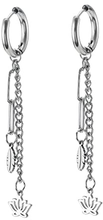 Lotus Feder baumelnde Yoga-Ohrringe, personalisierbar, runde Blumen, Kreuzkette, Büroklammern, eleganter zierlicher Schmuck für Damen, Edelstahl, Kein Edelstein