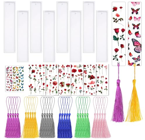 41pcs Stampi Per Resina Epossidica Per Segnalibro Stampo In Silicone Rettangolare Stampi Per Resina Epossidico Con 30pcs Nappe Colorate e Adesivi Floreali a Farfalla Per La Colata Epossidica
