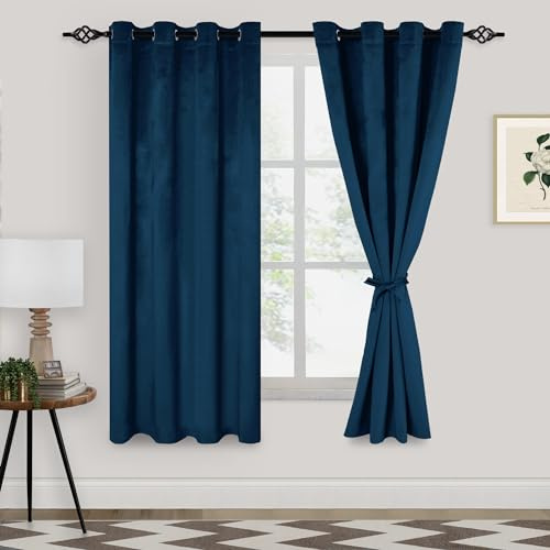 XWZO Velvet Blackout Curtains for Bedroom - Soft Room Darkening & Noise Reducing Window Curtain Drapes for Farmhouse/Sliding Glass Door with Tiebacks, Grommet, Navy Blue, W52 x L72, Set of 2
