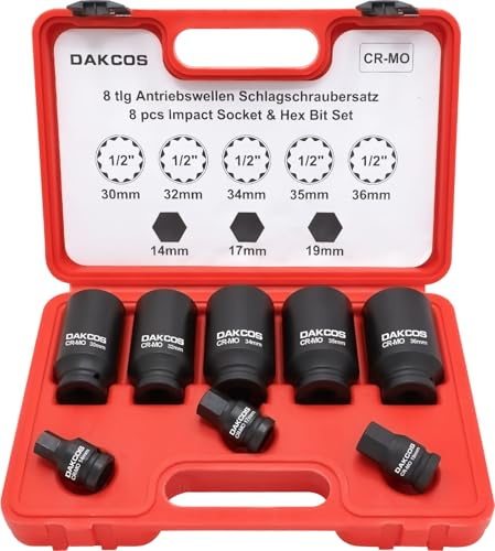 DAKCOS 8tlg Vielzahn Nuss Schlagschrauber-Nüsse SW 30-36mm | Antriebswellen Spezialwerkzeug Satz Kraft Steckschlüssel Satz SW 30 32 34 35 36 mm | 12 Kant | 12,5 mm (1/2) | CR-MO