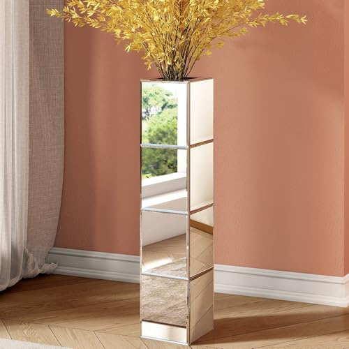 blingworld Tall Floor Vase, 28 inch Mirrored Vases for Floor Home Decorative Large Cube Vase Silver for Dried Flower Modern Glass Vases for Living Room