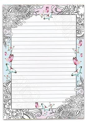 Briefpapier Schreibblock liniert zum Ausmalen für Mädchen Kinder Schule Schmetterlinge Blumen (1 Block A4 mit 25 Blättern)