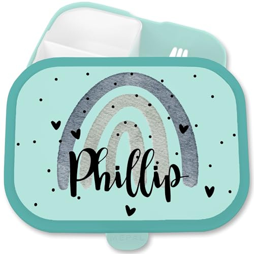 Kinder Campus für Mepal - Regenbogen Brotdose Rainbow mit Name Jausenbox I - 750 ml - Türkis - kindergarten lunchbox personalisierte geschenke kind brotzeitbox brotbüchse mädchen schule
