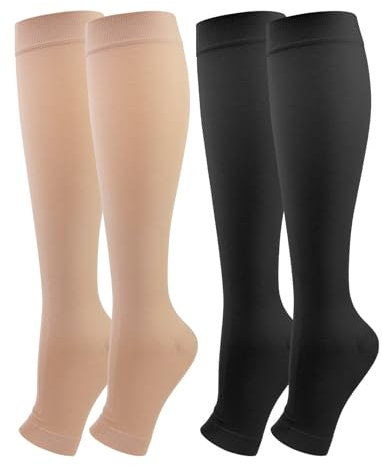 2 Paia Medicale Calze Compressione Graduata Donna e Uomo 20-30mmHg Classe 2, Dita dei Piedi Nude Calze Antitrombo Elastiche per Vene Varicose, Edema, Volo a Lungo Raggio (Nero+Beige, XXL)