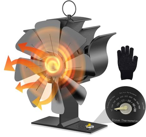 Jasfyee Log Burner Fan, 8 Blade Stove Fan, Stove Fans Log, Built-In Thermometer Wood Burners Fans, For Wood Burning Stoves For Fireplace