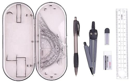 Zirkel 8-teiliges Kunststoff-Linealset mit Mathematik-Geometrie-Werkzeug, bestehend aus geradem Lineal, Dreieckslineal, Winkelmesser, Kompass, Bleistiftmine, Bleistift und Radiergummi for Schüler, Sch