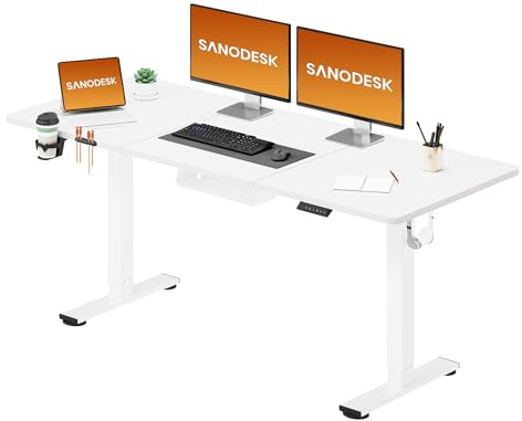 SANODESK 160 x 60 cm Escritorio Elevable Eléctrico con Tablero Escritorio Regulable en Altura Eléctrico Telescópico Bidireccional con Control de Memoria y Tecnología Anticolisión (Blanco)
