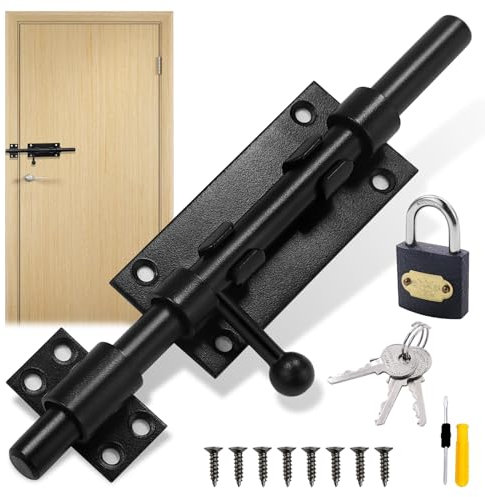 GZhaizhuan Abschließbare Türriegel Bolzenriegel, Edelstahl Schieberiegel Galvanisieren Schwarz, mit Schloss, Schrauben, Schraubendreher für Türen, Fenster, Zäune