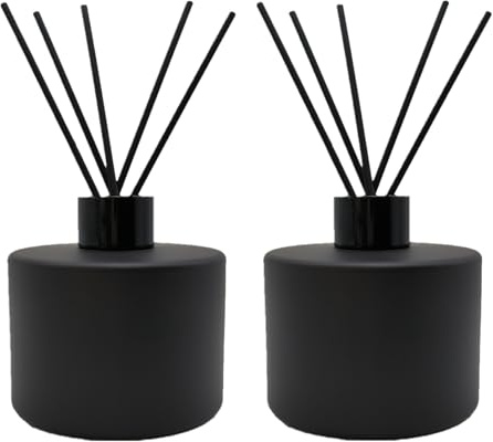 PimyRcyi 2 botellas difusoras de vidrio, tarro de aceite esencial de 200 ml, recipiente de perfume vacío con varillas de aromaterapia negras, uso para difusor de varillas de repuesto (redondo negro