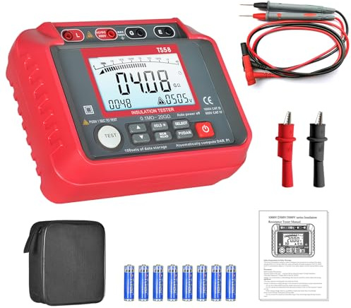 AIOMEST Digital Megohmmeter, 1000V Isolationsmessgerät, 0.1MΩ~20GΩ, 50V/100V/250V/500V/1000V, mit Hintergrundbeleuchtung, Messgeräte für elektrische Geräte wie Motoren und Kabel, T0-TS58